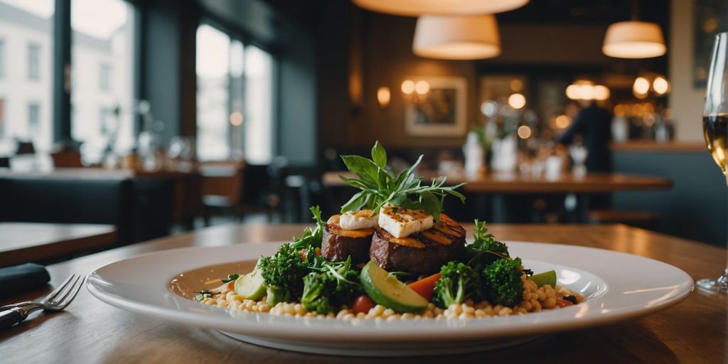 Elegantes veganes Gericht in einem Gourmet-Restaurant auf weißem Teller.