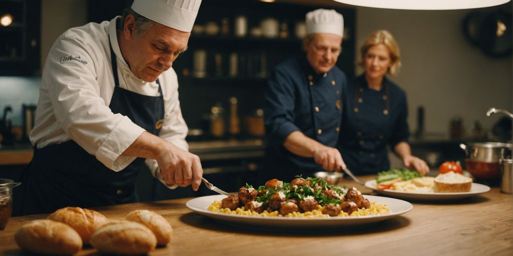 Chefkoch in eleganter Küche bereitet Gourmetgericht zu.