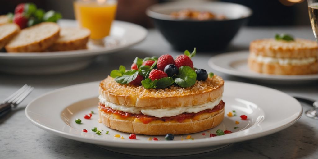 Gourmetgericht auf weißem Teller, dekorativ angerichtet.